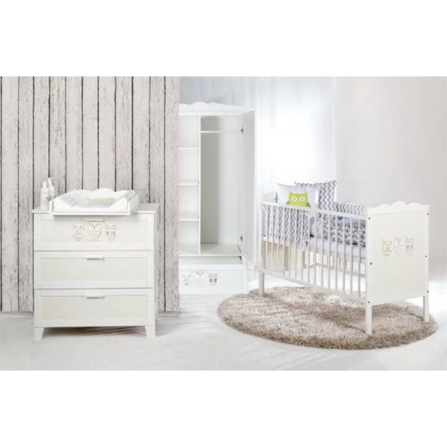 Babykamer Uil Wit: Ledikant, Commode En 2-Deurs Kast